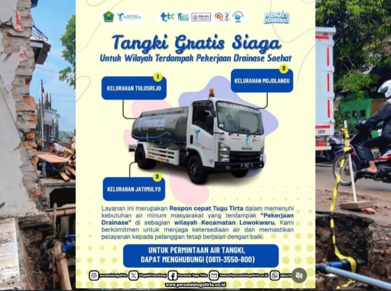 Pamlet pengumuman Tangki Gratis Siaga untuk wilayah terdampak pekerjaan drainase Suhat. (Foto : Perumda Tugu Tirta Kota Malang)