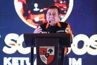 Ketum MPN Pemuda Pancasila periode 2025-2030, KPH Japto Soerjosoemarno saat menyampaikan pidato nya dalam Mubes XI di Jakarta. (Foto : Ist).