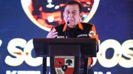 Ketum MPN Pemuda Pancasila periode 2025-2030, KPH Japto Soerjosoemarno saat menyampaikan pidato nya dalam Mubes XI di Jakarta. (Foto : Ist).