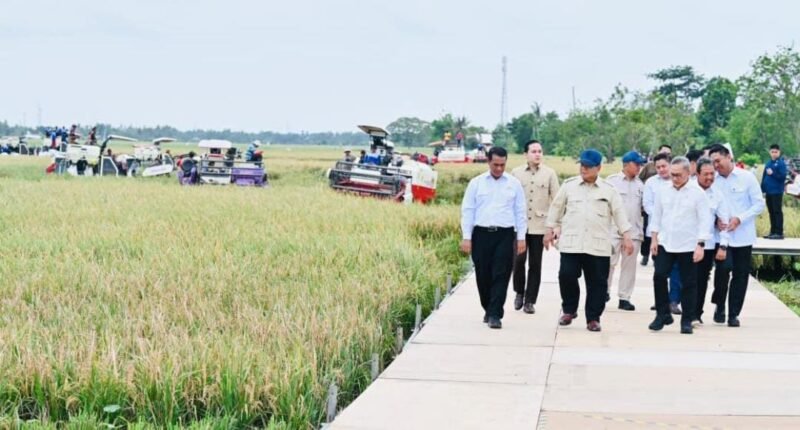 Presiden Prabowo Subianto melakukan peninjauan berbagai inovasi hilirisasi dan teknologi pertanian modern dalam rangkaian kegiatan Panen Raya di Desa Kertamukti, Kabupaten Karawang, Provinsi Jawa Barat, pada Rabu, 7 Januari 2026.  (Foto : Ist).