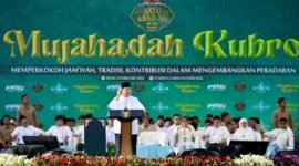 Presiden Prabowo Subianto menyampaikan sambutan pada Mujahadah Kubro Satu Abad NU, pada Minggu, 8 Februari 2026, yang digelar di Stadion Gajayana, Kota Malang, Provinsi Jawa Timur. (Foto: Istimewa)