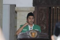 Ketua PW GP Ansor Jawa Timur, H Musaffa Syafril saat sambutan di acara Inaugurasi PC GP Ansor Kab. Malang, Minggu (15/02/2026) di Pendopo Agung Kab. Malang, Kota Malang. (Dok. Cyber PC Ansor Kab. Malang)