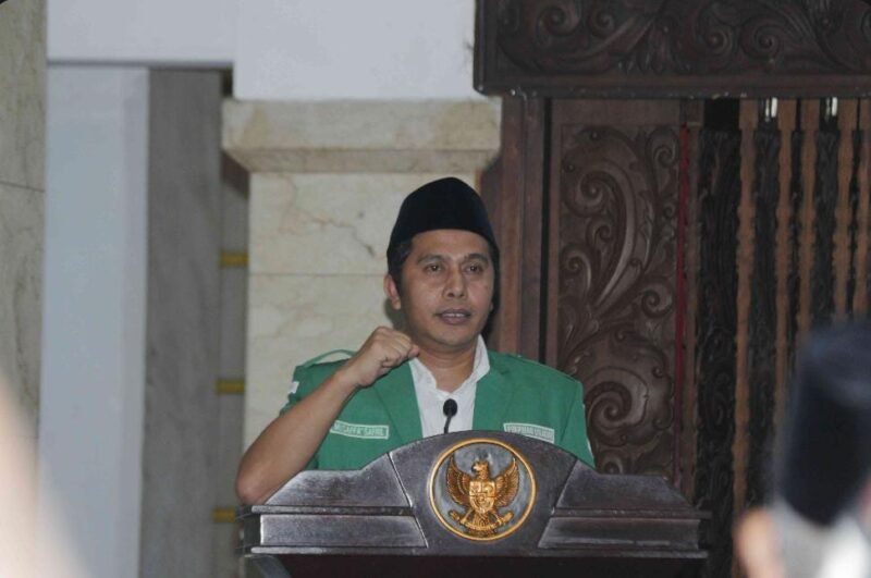 Ketua PW GP Ansor Jawa Timur, H Musaffa Syafril saat sambutan di acara Inaugurasi PC GP Ansor Kab. Malang, Minggu (15/02/2026) di Pendopo Agung Kab. Malang, Kota Malang. (Dok. Cyber PC Ansor Kab. Malang)